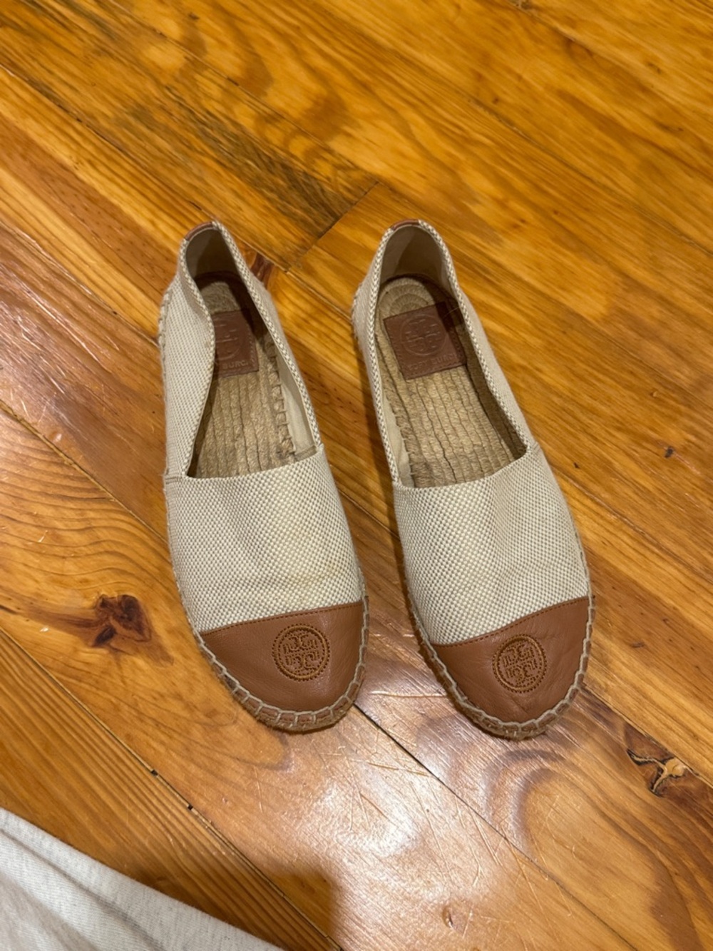 Tory Burch Cream Canvas Espadrilles with Tan Leather Toe